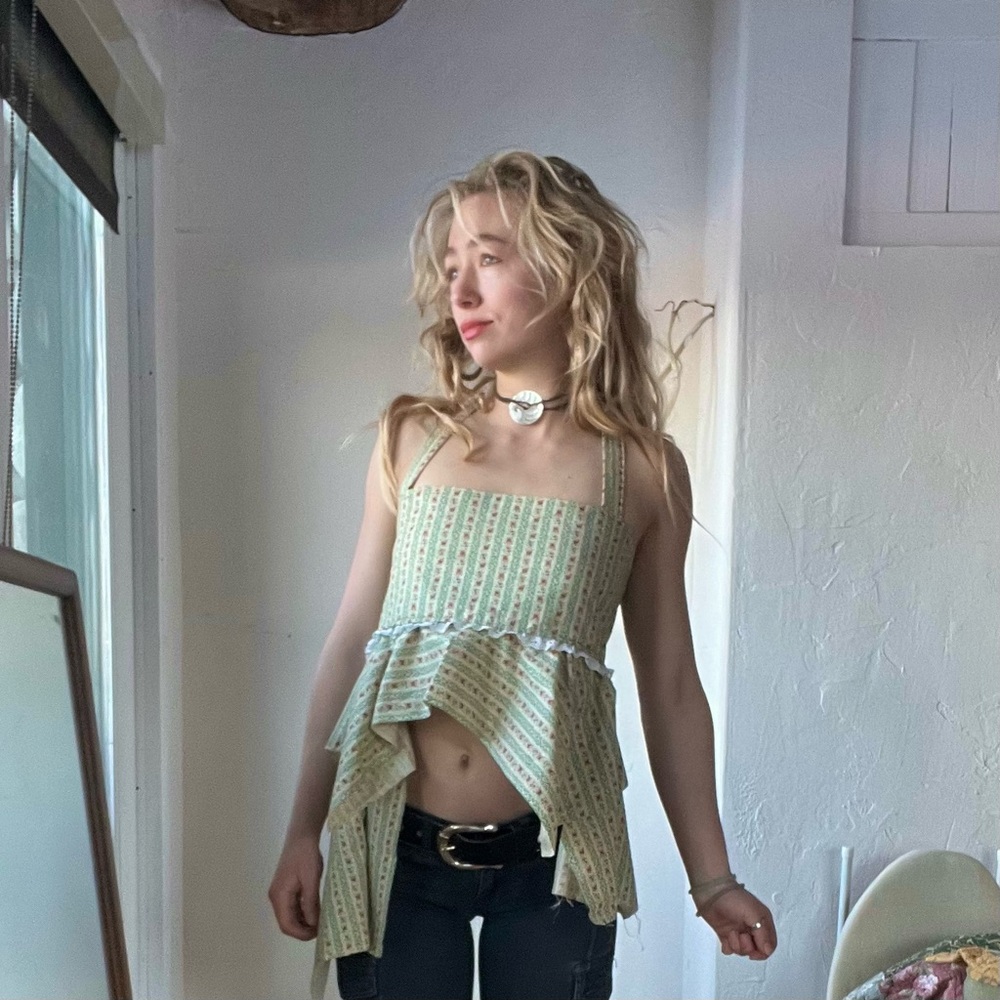Asymmetrical Green Printed Fairy Top